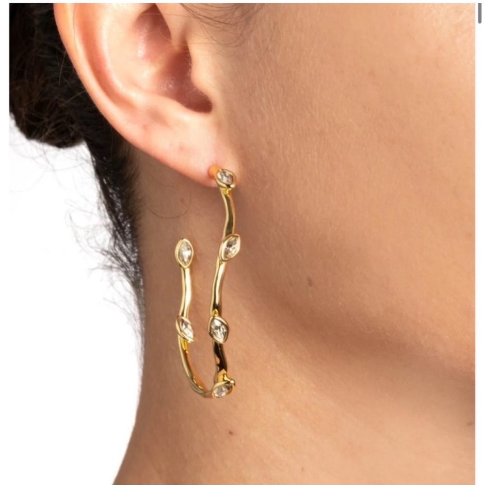 ALEXIS BITTAR NAVETTE MARQUIS CRYSTAL HOOP EARRINGS GOLD BRASS